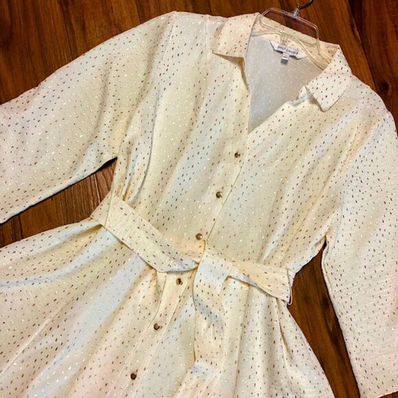 Emily Daniel's Gorgeous Button-up Long Sleeve Midi Dress in Cream/Gold in Large - Picture 8 of 10